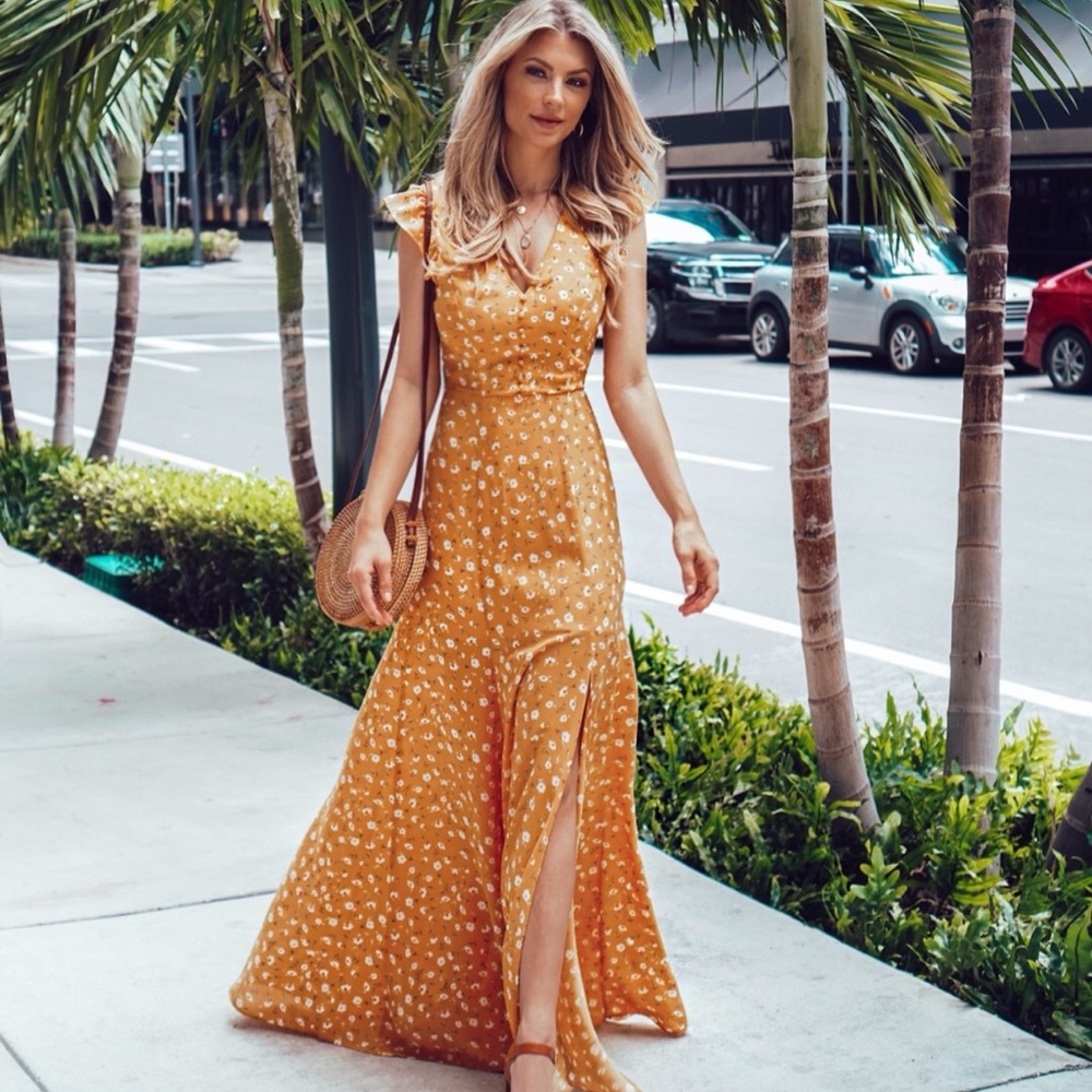 Mustard floral dress.